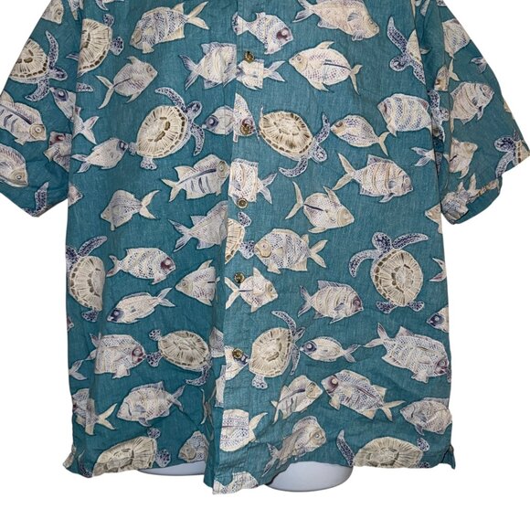 Vintage Cooke Street Hawaiian Shirt Mens 2XL Blue Fish Turtle  Ocean Beach - Picture 3 of 9
